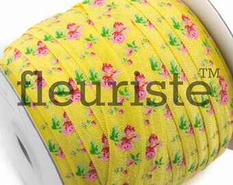 Fold Over Elastic, FOE, Foldover Elastic, Elastic By Yard, 5/8 Elastic, Printed Elastic, Wholesale Elastic, Yellow Floral Elastic Flower