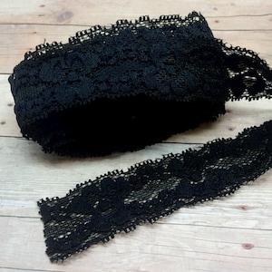 Elastic Lace, Lace Ribbon, Stretch Lace, Elastic Lace Trim, Lace by the yard, Lace Trim, Stretchy Lace, Lace Elastic, 1 inch, Black Lace