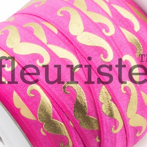 Fold Over Elastic, FOE, Foldover Elastic, Elastic By Yard, 5/8 Elastic, Printed Elastic, Wholesale Elastic, Hot Pink Mustache Elastic