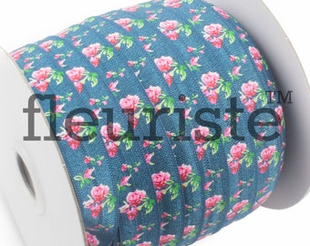Fold Over Elastic, FOE, Foldover Elastic, Elastic By Yard, 5/8 Elastic, Printed Elastic, Wholesale Elastic, Teal Floral Elastic Flower