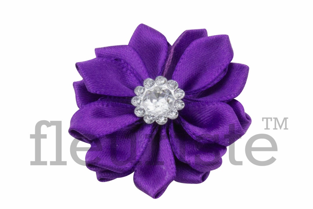 PURPLE Ribbon Flower With Rhinestone, Satin Flower, Fabric Rose, Rolled