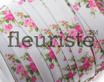 Fold Over Elastic, Elastic for Hair Ties, FOE, Foldover Elastic, Elastic By Yard, 5/8 Elastic, Printed Elastic Floral Pink Rose Elastic