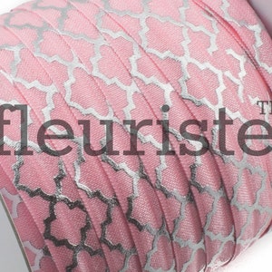 Fold Over Elastic, FOE, Foldover Elastic, Elastic By Yard, 5/8 Elastic, Printed Elastic, Wholesale Elastic, Pink Silver Quatrefoil