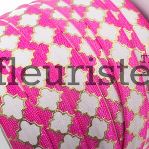Fold Over Elastic, FOE, Foldover Elastic, Elastic By Yard, 5/8 Elastic, Printed Elastic, Wholesale Elastic, Hot Pink Gold Quatrefoil