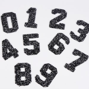 May include: Ten black iron-on rhinestone numbers, 0 through 9, for decorating clothing or crafts.