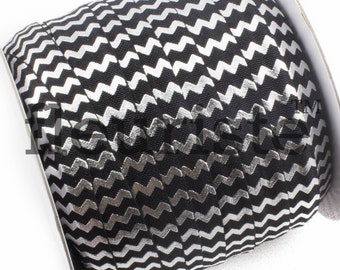 Vouw over elastisch, FOE, foldover elastisch, elastisch gesneden op maat, 5/8 elastisch, bedrukte elastische, groothandel elastische, zwart zilver chevron elastiek