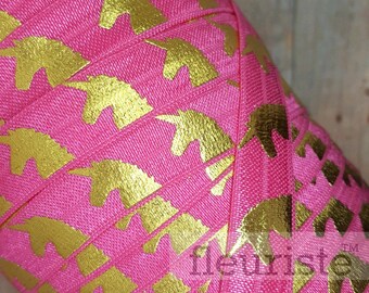 Fold Over Elastic, FOE, Foldover Elastic, Elastic By Yard, 5/8 Elastic, Elastic Wholesale Elastic, Gold Unicorn on Hot Pink Elastic