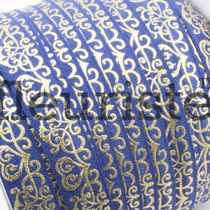Fold Over Elastic, FOE, Foldover Elastic, Elastic By Yard, 5/8 Elastic, Printed Elastic, Wholesale Elastic, Navy Gold Damask, Elastic