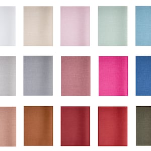 May include: A collection of 18 fabric swatches in various colors and textures, including white, beige, pink, green, blue, gray, brown, red, and olive.