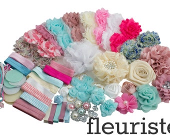 YYCRAFT DIY Stirnband Kit – Baby Shower Bastelset Mit 32 Bändern, Blumen, Filzkreisen, Elastik & Clips (Farben: Rosa, Grau, Elfenbein)