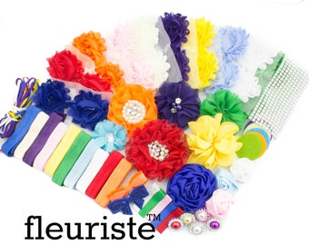 May include: A rainbow assortment of colorful fabric flowers, elastic hair ties, and embellishments for crafting hair accessories. The set includes a variety of colors, textures, and sizes.