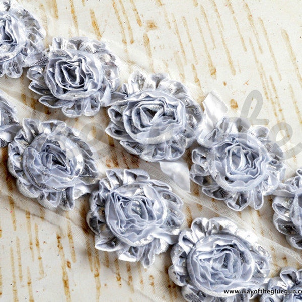 Metallic Silver Shabby Rose Trim, Shabby Flower Trim, Shabby Flowers, Shabby wholesale, Chiffon flower, Shabby  by the Yard, Shabby Silver