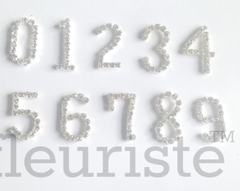 Puede incluir: Un conjunto de números de pedrería plateados, del cero al nueve, dispuestos sobre una superficie blanca. Los números son brillantes y parecen adornos individuales. La palabra "fleuriste" está impresa en gris en la parte inferior.