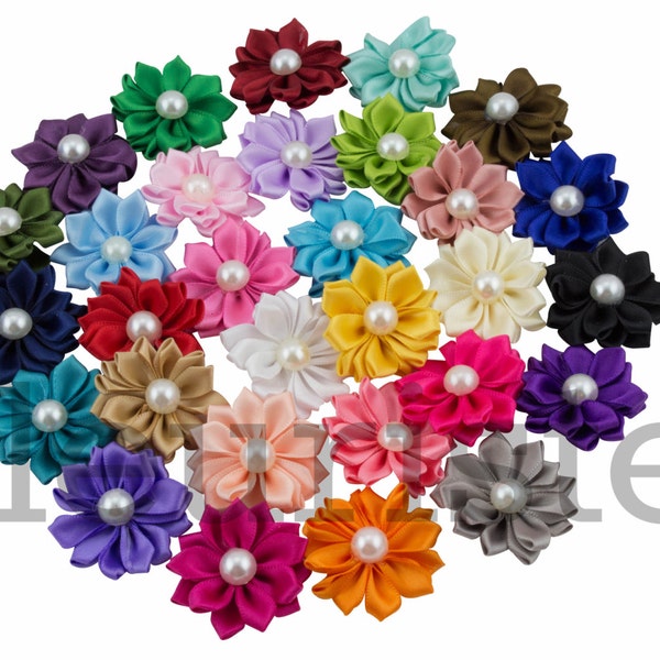 Choose Colors 5 Ribbon Flower With Pearl, Satin flower, Fabric rose, Rolled Rosette, Wholesale Flower, Fabric Flower, Satin Flower, Crafts