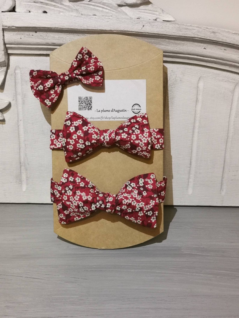 ceremonial box of 3 bow ties, including 2 children's bows and one adult bow, as well as 2 girls' barrettes. image 4