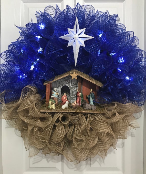 Nativity Wreath Blue Christmas Wreath Burlap and Blue Etsy