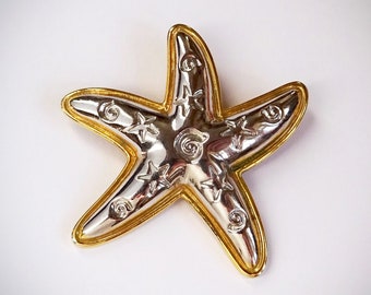 Vintage CABOUCHON Starfish Brooch, 18ct Gold & Rhodium Plate
