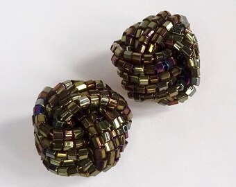 Vintage Turban Knot Earrings, Bronze Tone Bugle Beads, Clip-on, Retro Earrings
