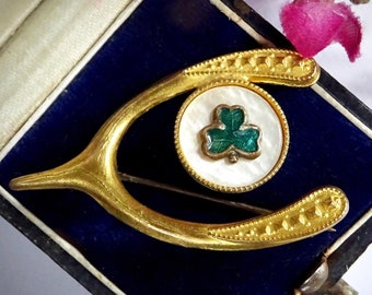 Vintage Lucky Wishbone Brooch, Brass, Mother-of-Pearl & Enamel, Shamrock Brooch, St Patrick's Day