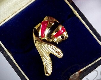 Vintage Cabouchon Tropical Fish Lapel Pin: 18ct Gold Plate & Enamel Pin