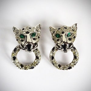 Vintage Cabouchon Leopard Earrings, Door Knocker Style, Rhodium Plated with Cubic Zirconia & Austrian Crystal, Cartier Style