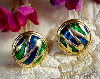 Vintage Cabouchon Earrings, 18ct Gold Plate with Blue &Green Enamel, Pierced Ears