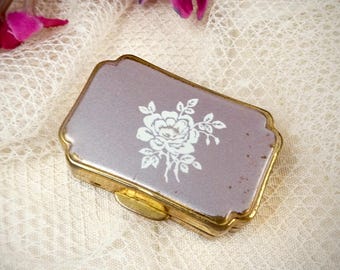 Vintage Stratton Pill Box: Gold Tone & Pink Enamel Rose Compact