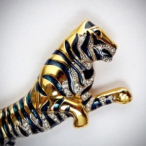 Broche vintage de tigre cabujón, chapado en oro de 18 quilates, esmalte y cristal austriaco, símbolo del zodíaco chino, año del tigre, bisutería de alta gama.