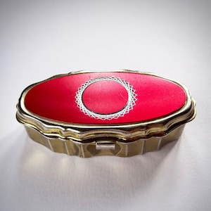 Vintage Pill Box with Red Metallic Lid, Pill Compact