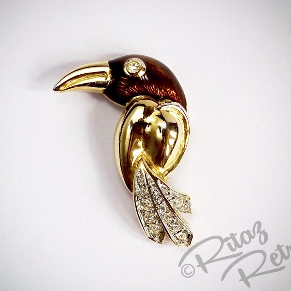 Vintage Cabouchon Bird Lapel Pin, 18ct Gold Plate & Austrian Crystal with Brown Enamel, Toucan Brooch