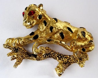 Large Vintage Leopard Brooch, Gold Plate, Enamel & Crystal, Hattie Carnegie Style