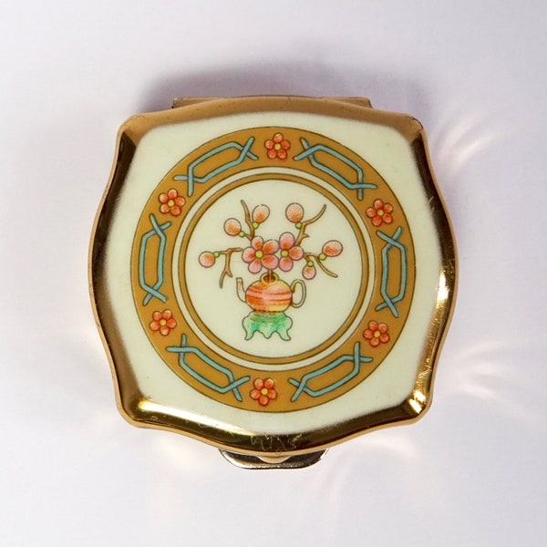 Vintage Stratton Pill Box, Small Gold Trinket Box, Pill Compact, Chinoiserie