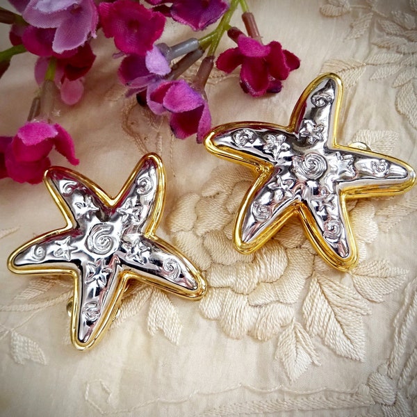 Vintage CABOUCHON Starfish Earrings, Beach, Seaside Earrings, Clip-on