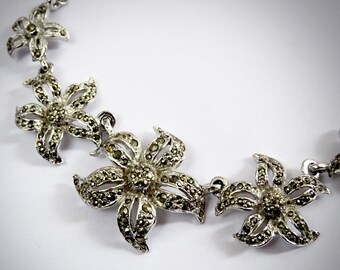 Vintage Marcasite Flower Necklace with Silver Chain, Mid Century, 50s Jewellery