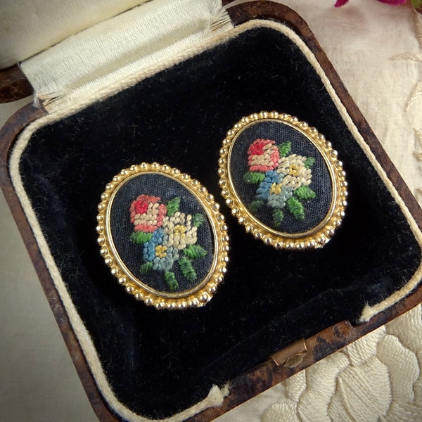 Vintage Needlepoint Earrings, Goldtone with Embroidery, German