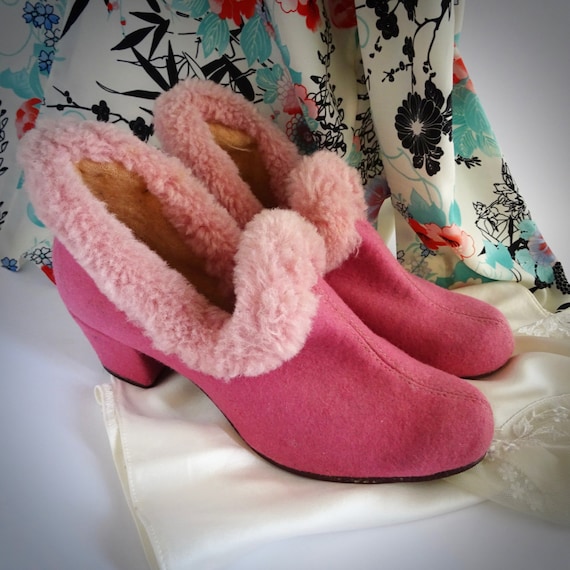 Vintage 1940s Fur Trimmed Boudoir Slippers, 40s Ut