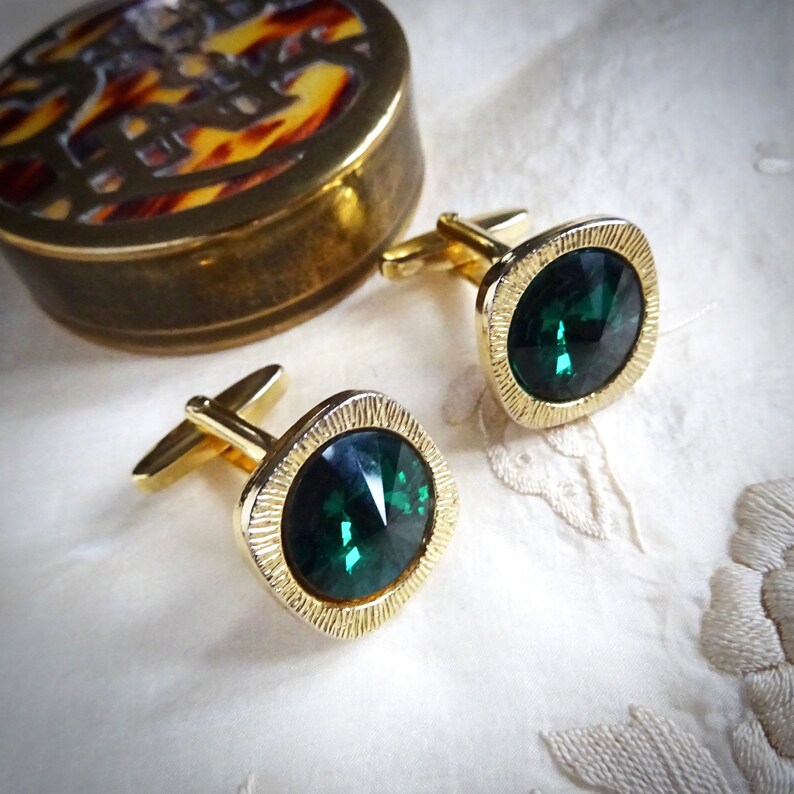 Vintage Modernist Cuff Links Mad Men Kitsch Mens Retro Gift Green Faceted Glass Mid-Century