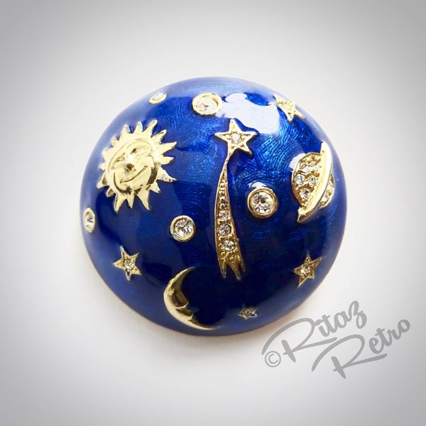 Vintage Cabouchon Planet Brooch: 18ct Gold Plate with Enamel & Austrian Crystals