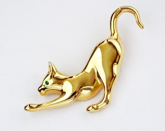 Vintage Cabouchon Cat Brooch, 18ct Gold Plate & Austrian Crystal, Gold Cat Pin