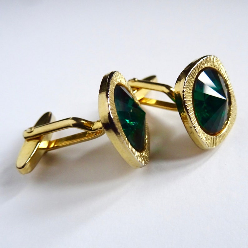 Vintage Modernist Cuff Links Mad Men Kitsch Mens Retro Gift Green Faceted Glass Mid-Century