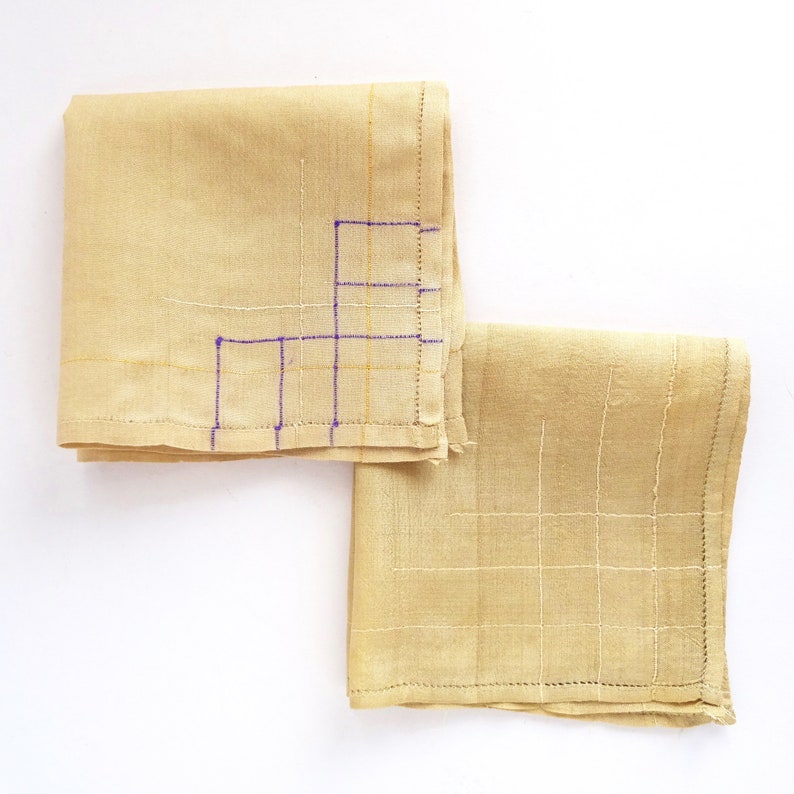 Woven Silk Pocket Square 2 Vintage 1940s Silk Hankies Natural Raw Silk with Cording Detail