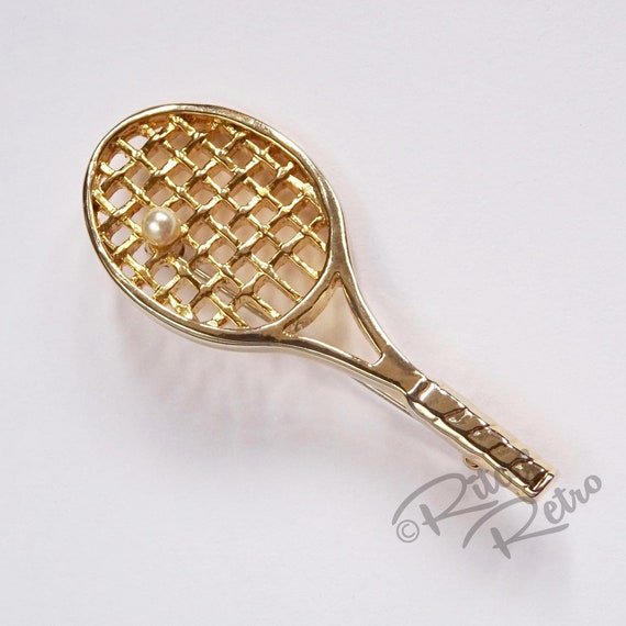 Vintage Cabouchon Tennis Brooch 18ct Gold Plate Faux Pearl Sport Brooch Tennis Racket Pin Etsy