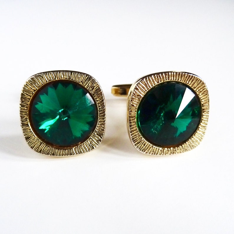 Vintage Modernist Cuff Links Mad Men Kitsch Mens Retro Gift Green Faceted Glass Mid-Century