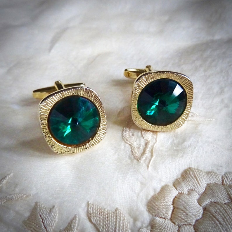 Vintage Modernist Cuff Links Mad Men Kitsch Mens Retro Gift Green Faceted Glass Mid-Century