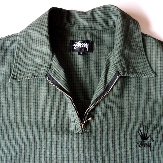 Vintage 90s STUSSY Zip Neck Overshirt, Green Check Cotton, Men's S