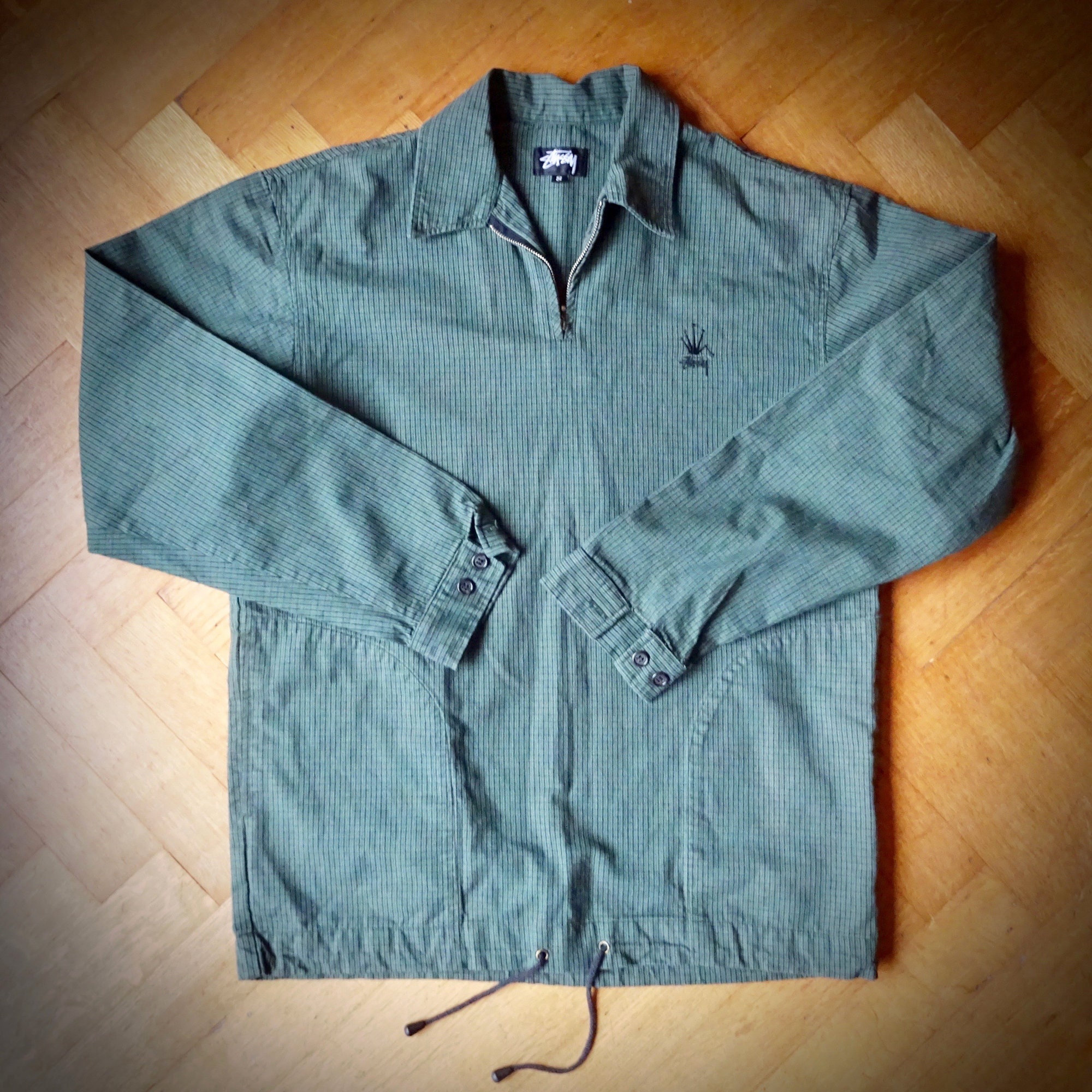 Vintage 90s STUSSY Zip Neck Overshirt, Green Check Cotton