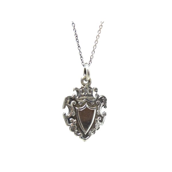 Antique Edwardian Silver Necklace | Shield Medallion | Edwardian Necklace | Charm Necklace | Silver Medallion | Engravable Pendant