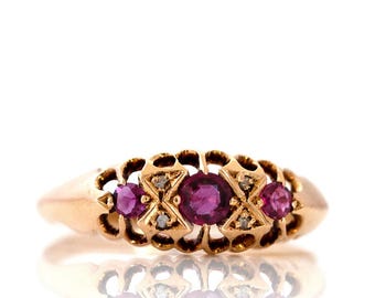 Edwardiansk rubinring med diamanter • 18 karat guld • Antik förlovningsring • Stämplad Birmingham ca 1900
