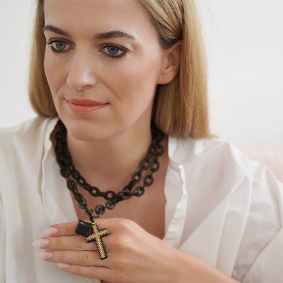 Antique Victorian Pique Tortoiseshell Cross Neckl… - image 4