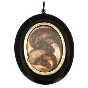 Antique 1860s Victorian Jet Mourning Hairwork Pendant Necklace